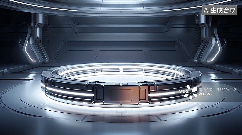 【AI数字艺术】银色发光金属质感产品展台建筑空间科幻场景图片素材