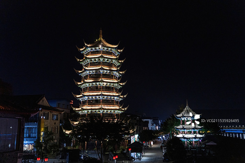 四川德阳罗江区文峰双塔夜景及凯江图片素材
