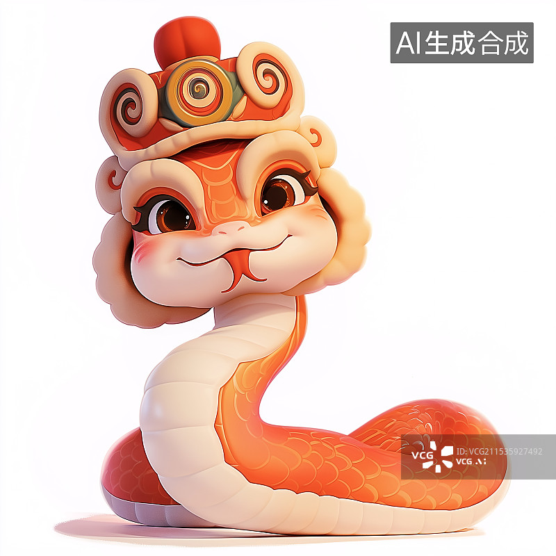 【AI数字艺术】带着舞狮帽子的3D卡通蛇图片素材