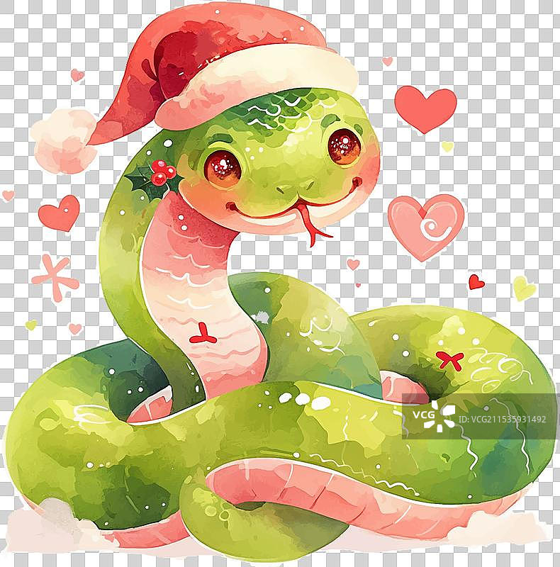 一条戴着圣诞帽的绿色蛇被包围着图片素材