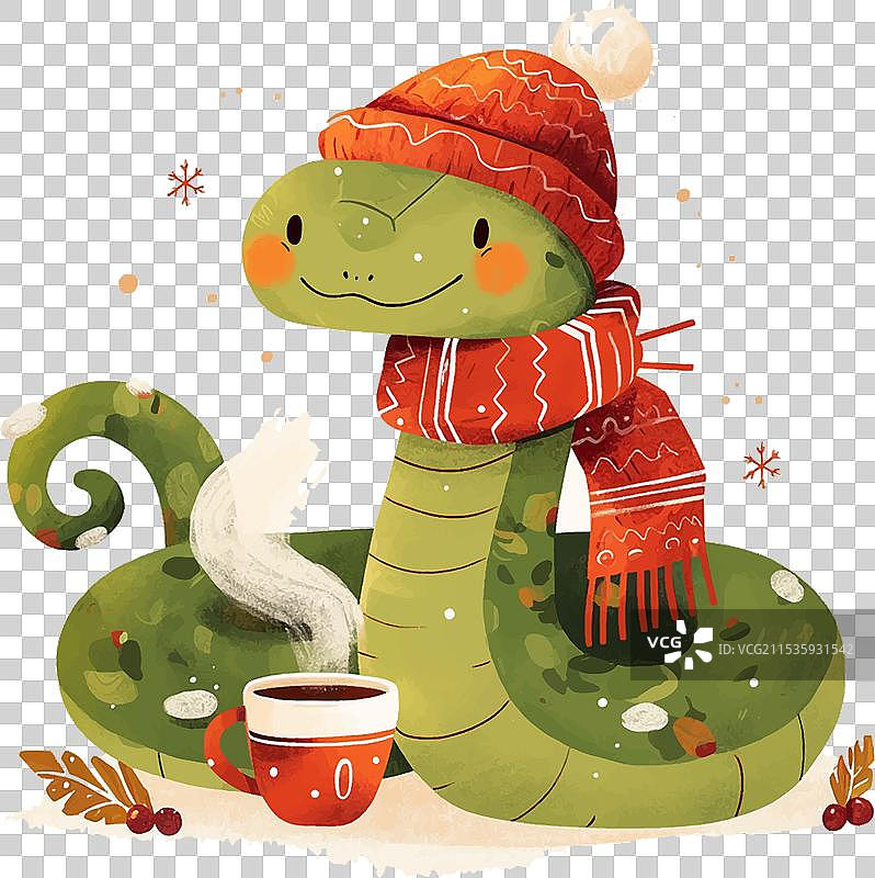 一条绿色的蛇正坐在一杯咖啡旁边图片素材