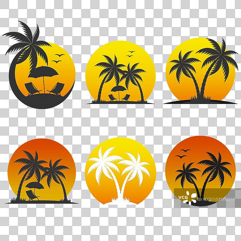 一组带有棕榈树轮廓的图标图片素材