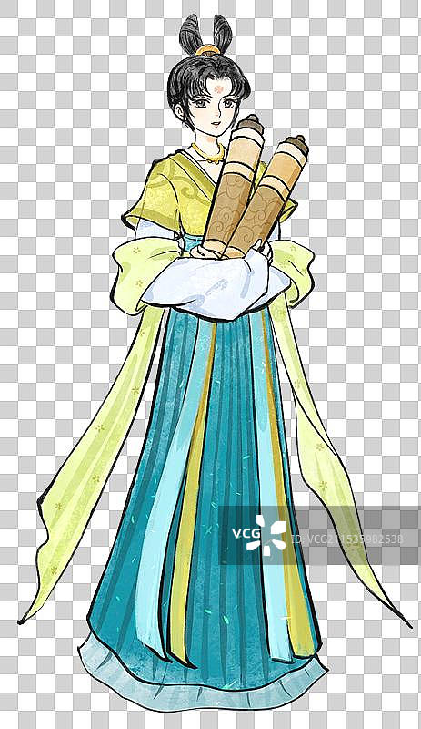 拿着卷轴文书的古代女子国风手绘人物插画元素图片素材