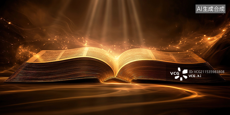 【AI数字艺术】一本打开的书本，散发着金色光芒图片素材