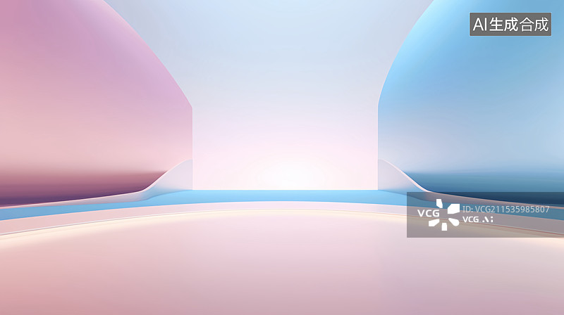 【AI数字艺术】柔和粉蓝色室内建筑空间电商背景图片素材