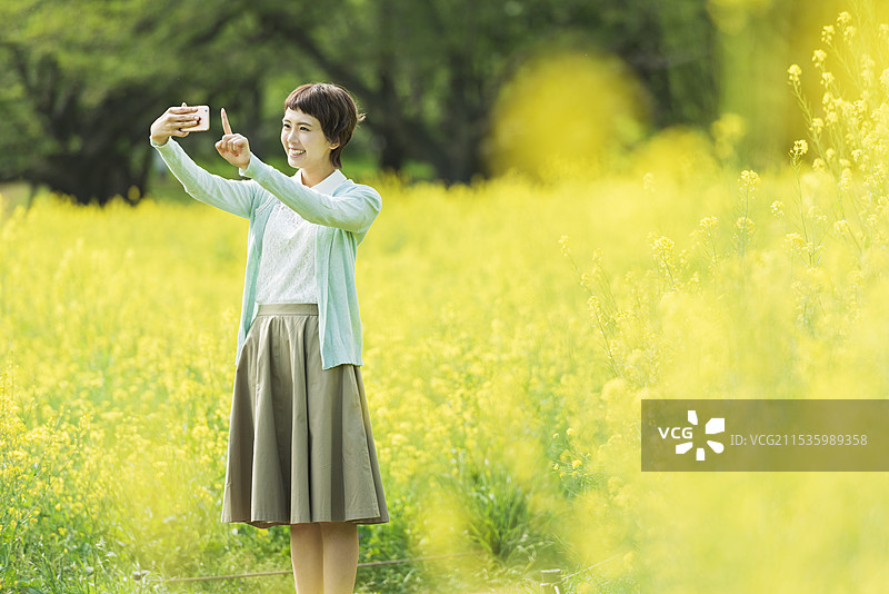 年轻女性在油菜花田拍照图片素材