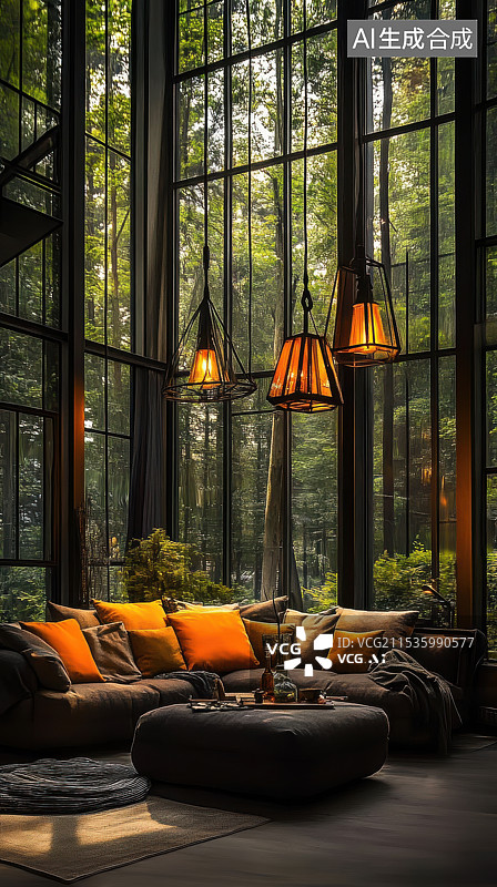 【AI数字艺术】森系室内客厅落地窗装修图片素材