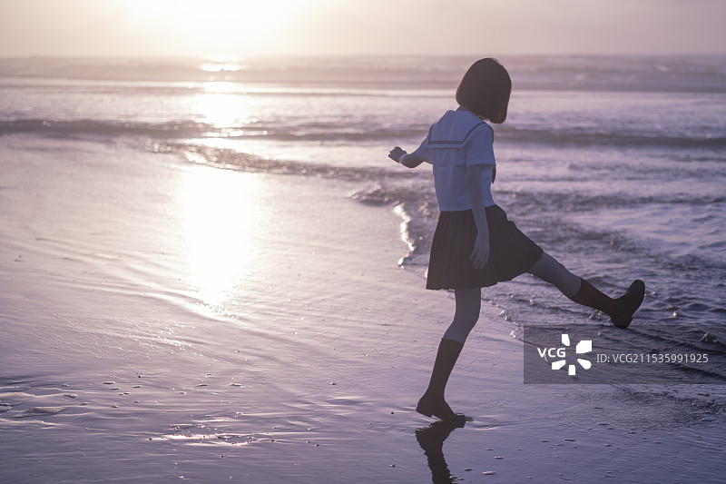 高中女生海边背影的光辉图片素材