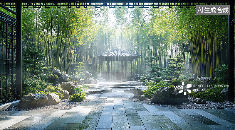 【AI数字艺术】中式高档豪华别墅，庭院景观，房地产广告图片素材