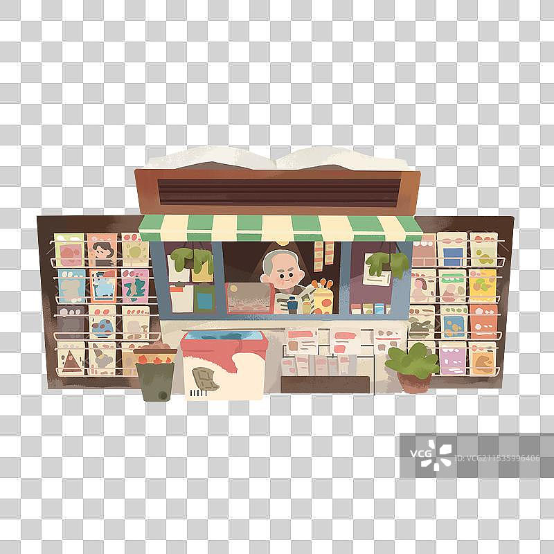 手绘卡通书店小报亭插画元素图片素材