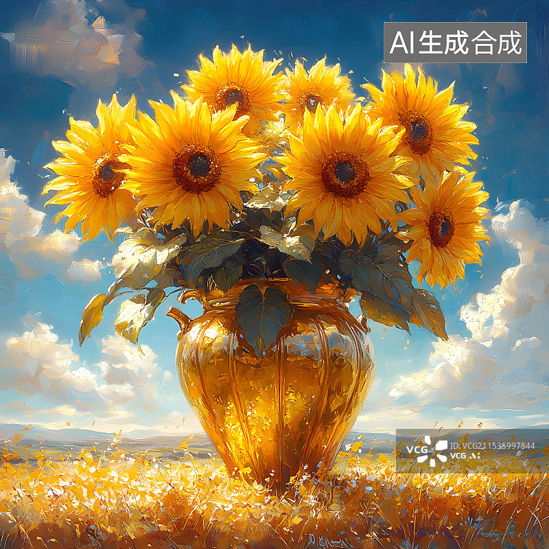 【AI数字艺术】手绘水彩油画风户外向日葵花海风景插画图片素材