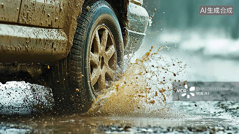 【AI数字艺术】D冬季场景下雨天汽车轮胎碾压大水坑水花四溅冒险旅游特写背景自驾游度假季节网页设计驾驶刺激感背景图片素材