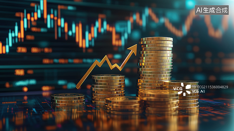 【AI数字艺术】堆叠的金币和箭头上升的屏幕股市行情图图片素材