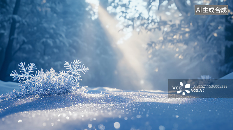 【AI数字艺术】雪花轻轻飘落在冬天的雪地里，营造出宁静而神奇的景观。冬季细腻美丽的安静场景。图片素材