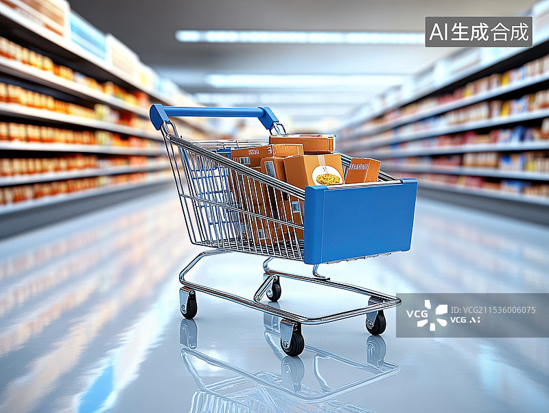 【AI数字艺术】超市中央的购物车实体经济线下促销打折季图片素材