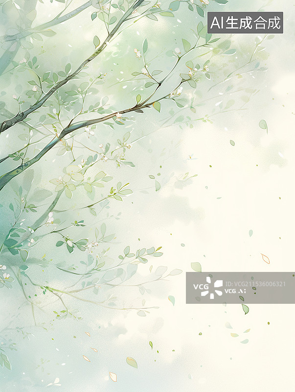【AI数字艺术】春天清明谷雨节气花朵和树枝树叶植物自然风光插画图片素材
