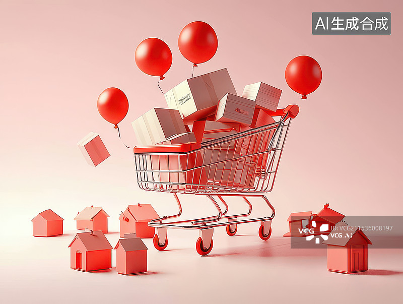 【AI数字艺术】气球礼物促销题材的超市购物车和堆放的礼物盒图片素材