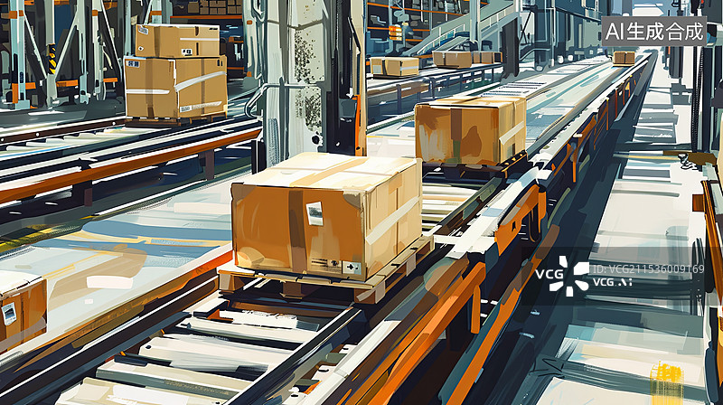 【AI数字艺术】输送带上的纸箱数字插画图片素材