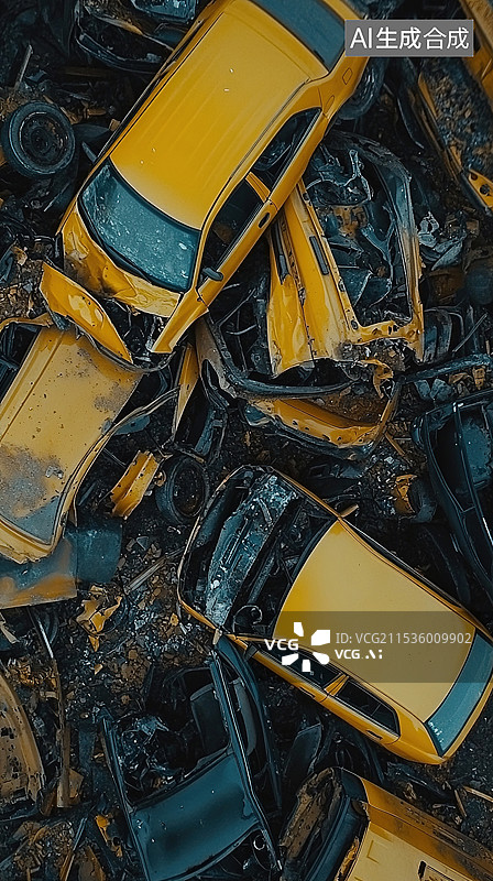 【AI数字艺术】3D高角度拍摄的汽车报废站和拆解工厂工业化和回收利用的过程横幅传单和网页设计环保重复利用图片素材