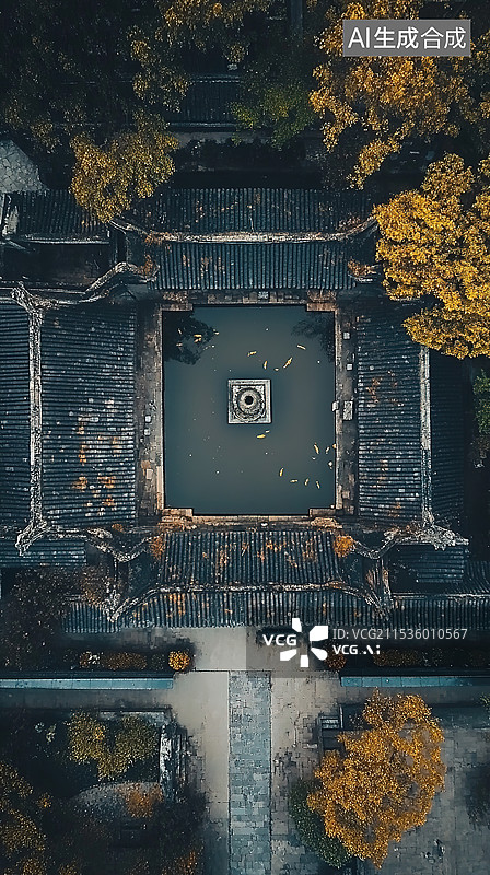 【AI数字艺术】冬季雨天高角度俯拍的传统中式庭院大门度假村旅游自然节气背景文化与传统建筑学放松旅游网页设计图书配图图片素材