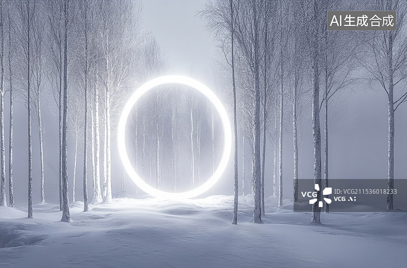 【AI数字艺术】雪地森林里的一个光圈图片素材