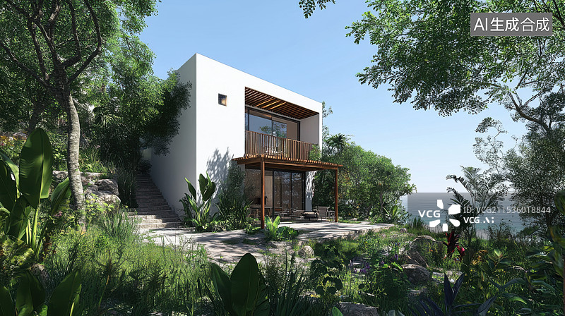 【AI数字艺术】海边别墅院子图片素材