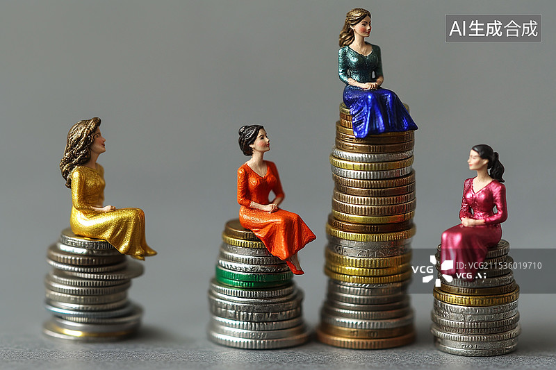 【AI数字艺术】金币堆上的女性，家庭财富的对比图片素材