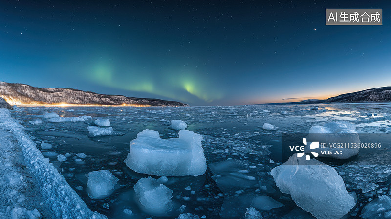 【AI数字艺术】冰湖与极光夜景图片素材