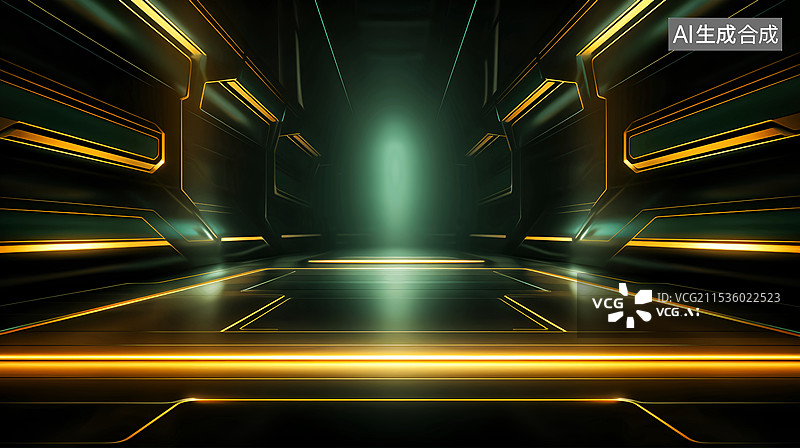 【AI数字艺术】金色发光电子竞技科幻建筑空间绿色背景图片素材