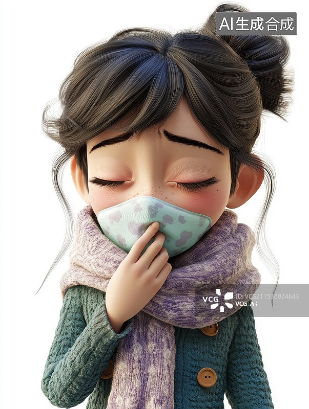 【AI数字艺术】冬天一个生病感冒难受戴口罩的小女孩的免扣元素图片素材