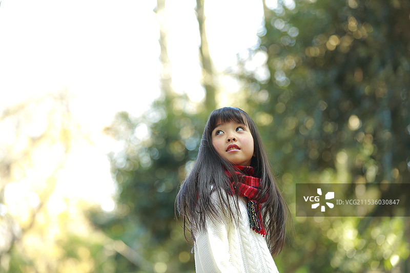 女孩在森林中回头仰望天空图片素材