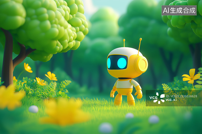 【AI数字艺术】森林中卡通风格的机器人图片素材