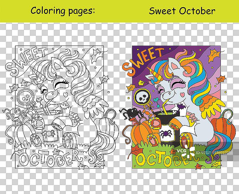 万圣节涂色与颜色样本小独角兽图片素材