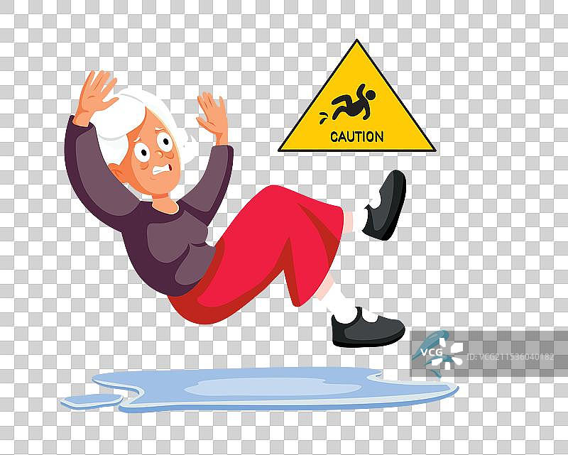 一位老年女性在湿滑的地板上摔倒。图片素材