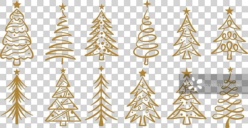 手绘金色圣诞树假日剪贴画图片素材