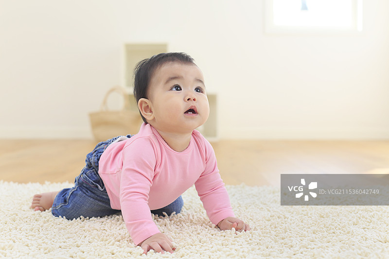 婴儿在客厅里爬行图片素材