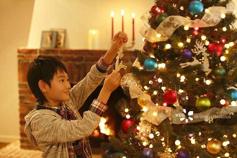 男孩在装饰圣诞树图片素材