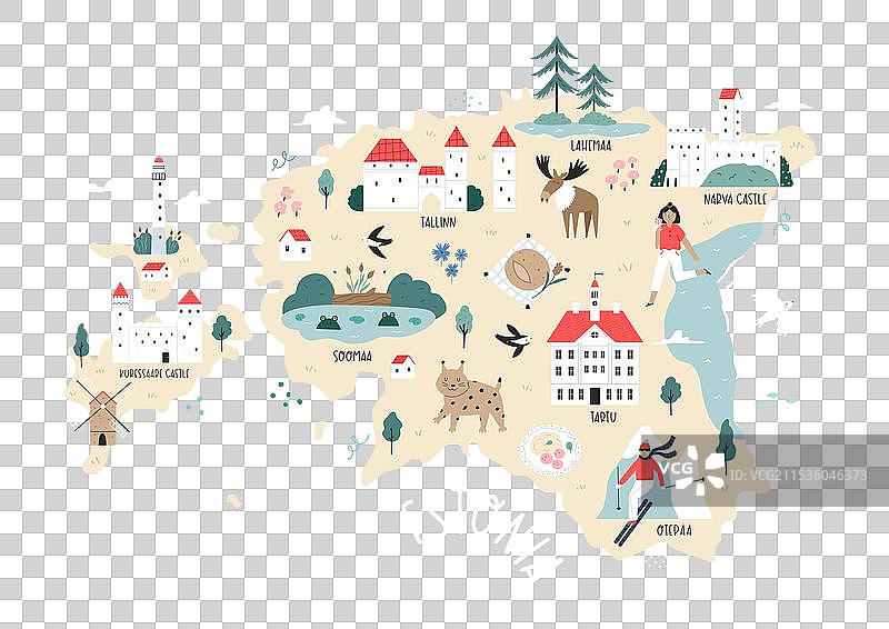 手绘的爱沙尼亚地图，带有地标符号图片素材