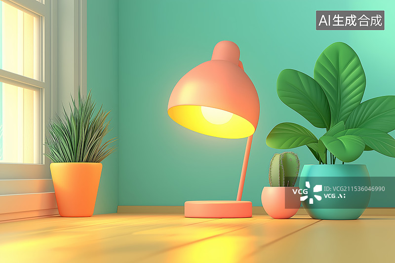 【AI数字艺术】插画风格书桌上的台灯图片素材