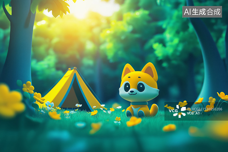 【AI数字艺术】森林露营帐篷前一只可爱的小狗图片素材
