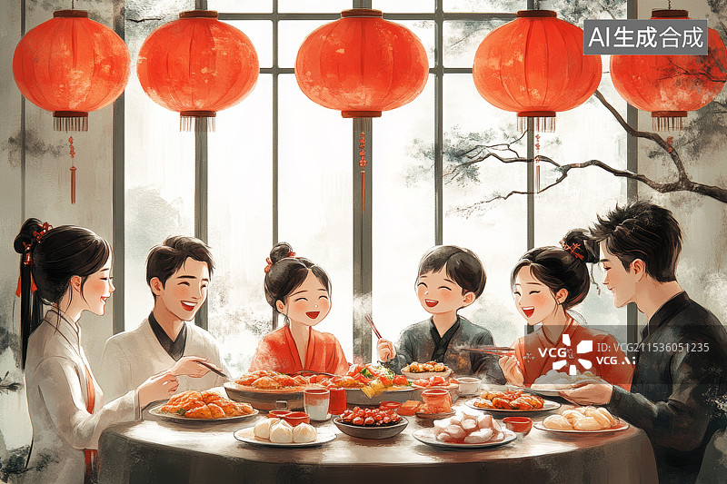 【AI数字艺术】幸福家庭过年包饺子图片素材