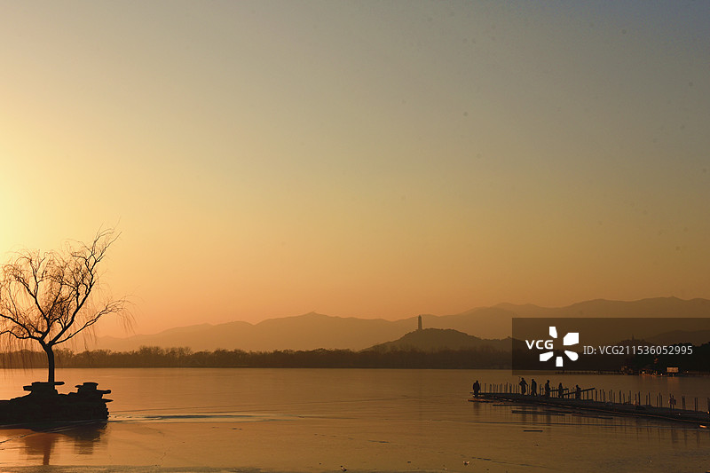 冬天颐和园昆明湖的冰、落日、远望西山图片素材