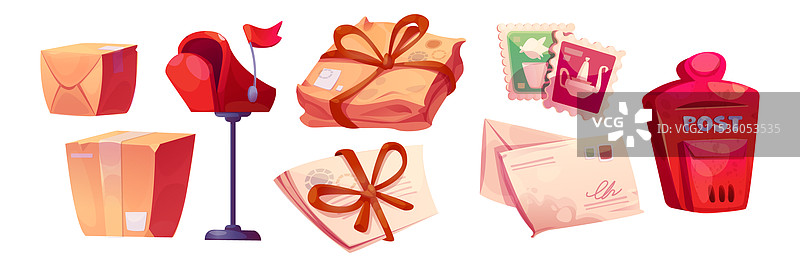 红色邮筒上的信件和邮票图片素材