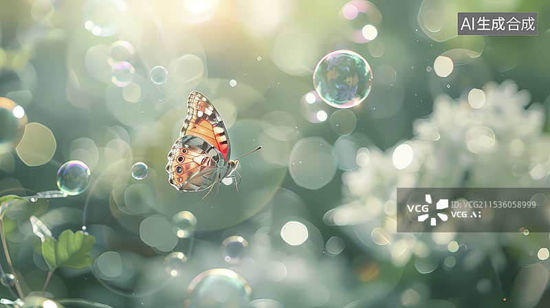 【AI数字艺术】数码科技绿色森林气泡和蝴蝶海报背景图片素材