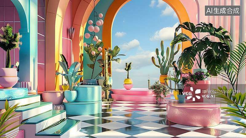 【AI数字艺术】孟菲斯潮流世上礼品背景展台图片素材