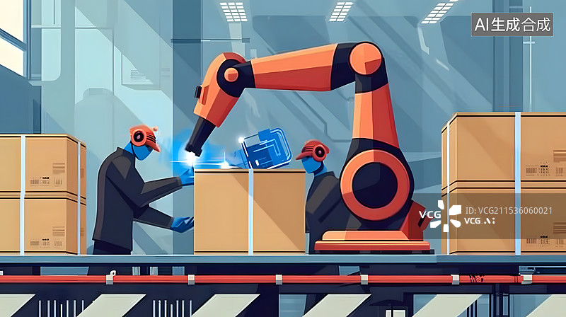 【AI数字艺术】插图扁平化工厂内机械臂机器人图片素材