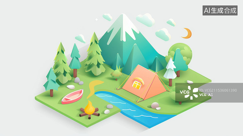 【AI数字艺术】纯背景卡通帐篷和树林图片素材