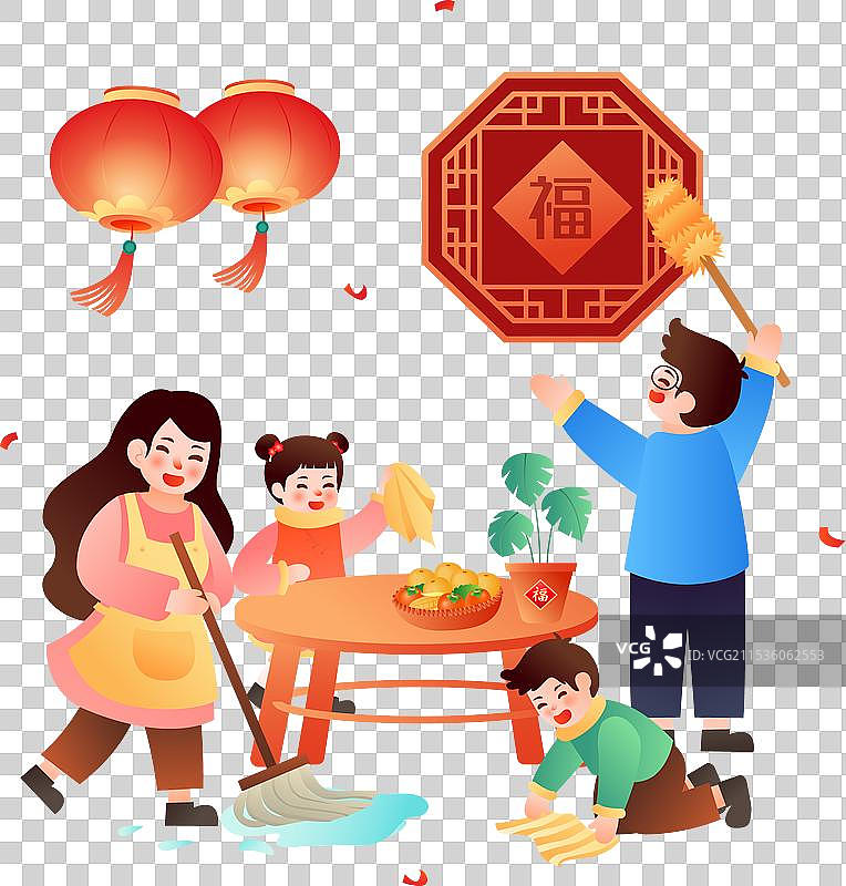 年俗文化 腊月二十四掸尘扫房子 插画图片素材