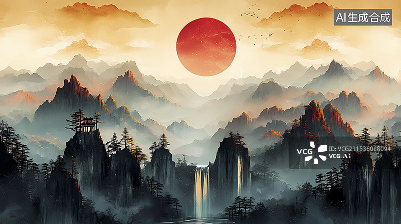 【AI数字艺术】传统中国金云红山插画海报背景图片素材