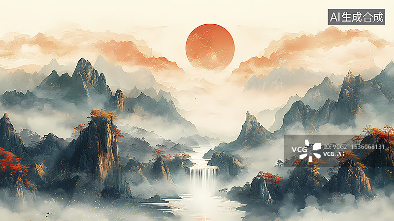 【AI数字艺术】传统中国金云红山插画海报背景图片素材